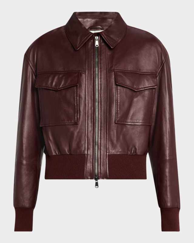 Monili-Neck Smooth Glove Leather Bomber Jacket